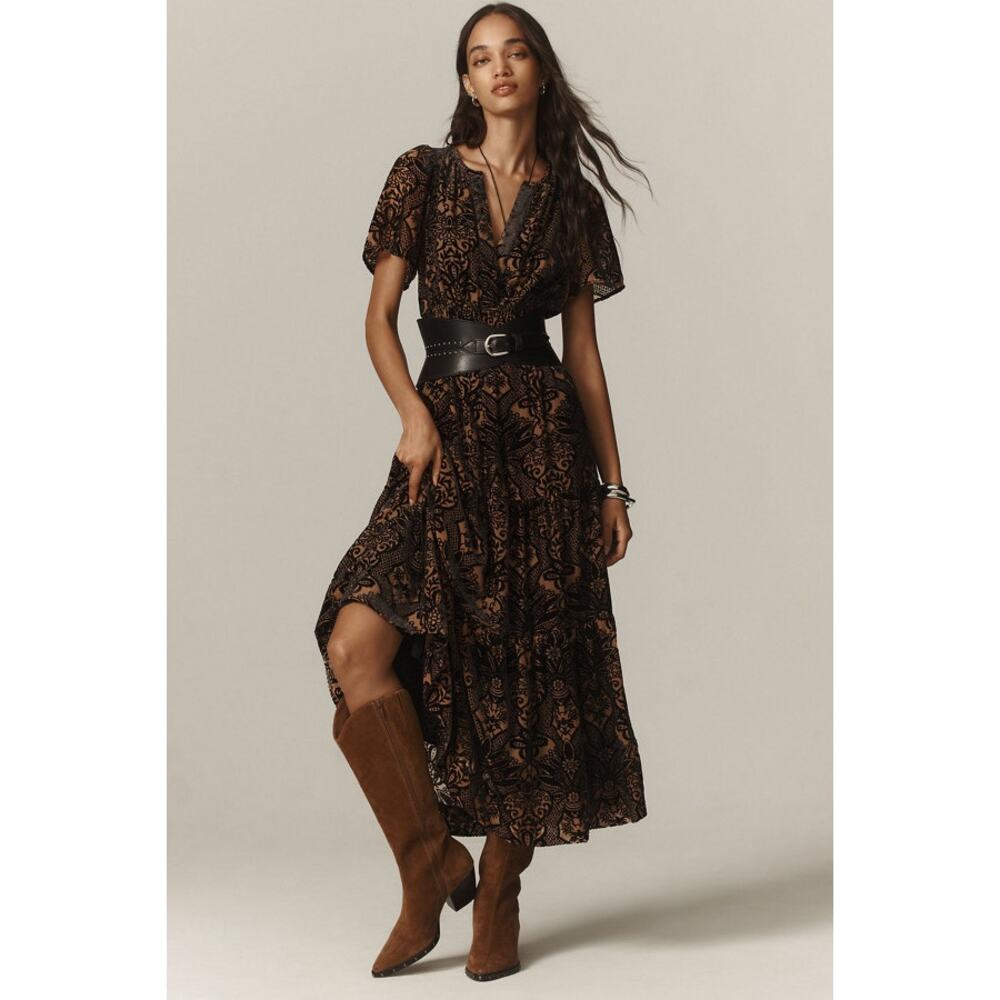Anthropologie Somerset Maxi Velvet Burnout Dress Tiered Black Floral Size S - Picture 2 of 10
